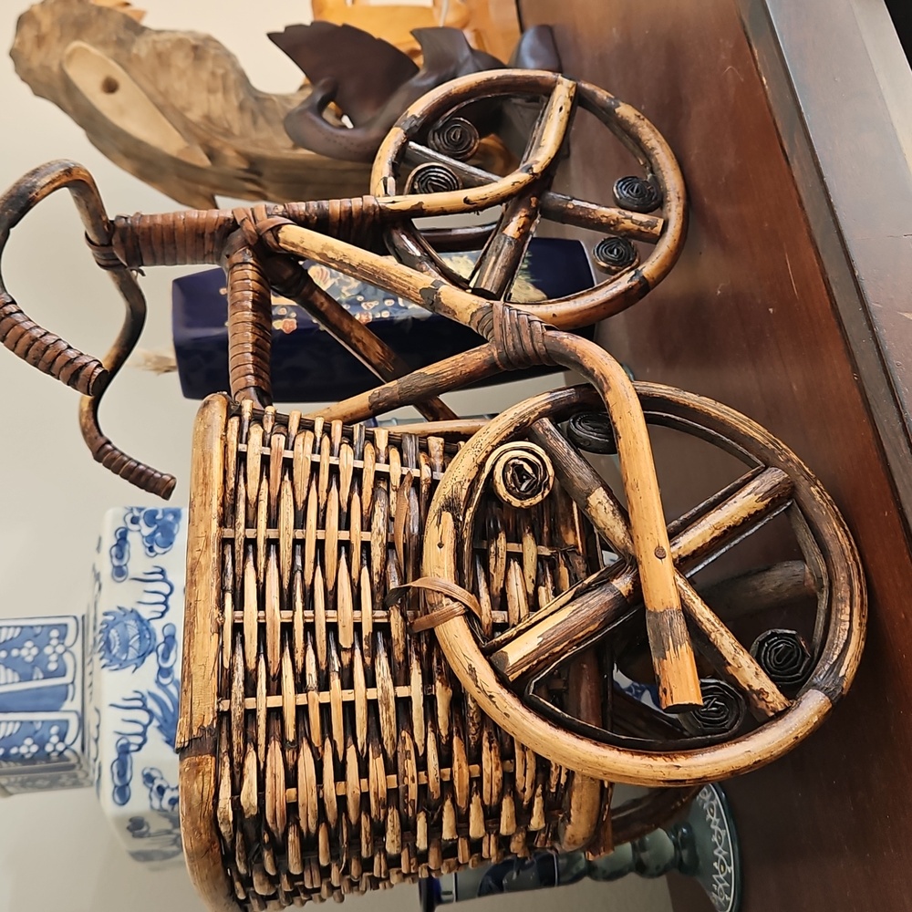 FINAL Rare mid-century Vtg Handwoven Rattan & wood large  Tricycle basket Plan…